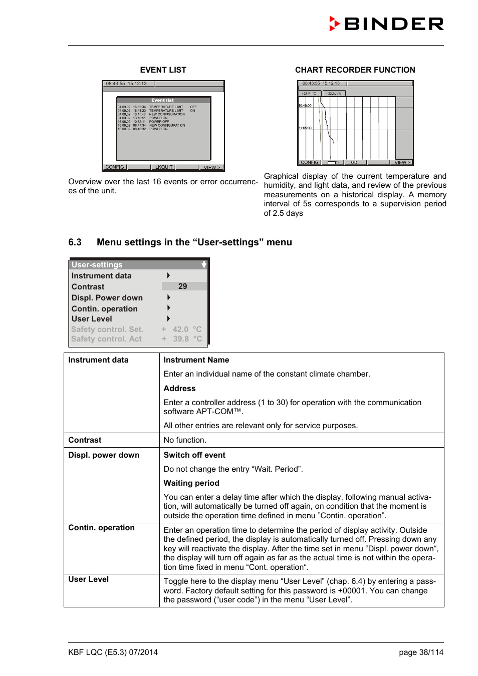 3 menu settings in the “user-settings” menu | BINDER KBF LQC 240 User Manual | Page 38 / 115