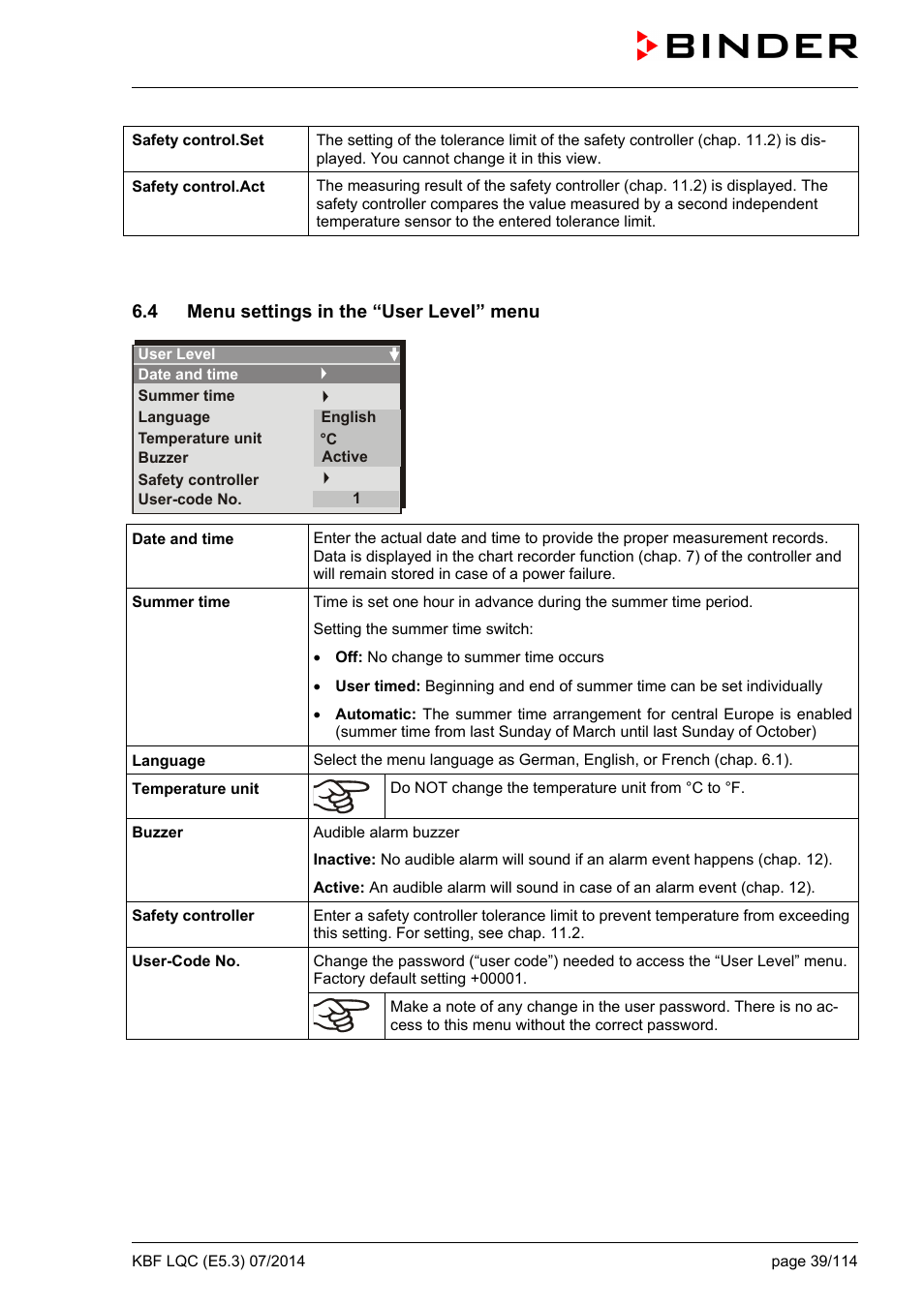 4 menu settings in the “user level” menu | BINDER KBF LQC 240 User Manual | Page 39 / 115