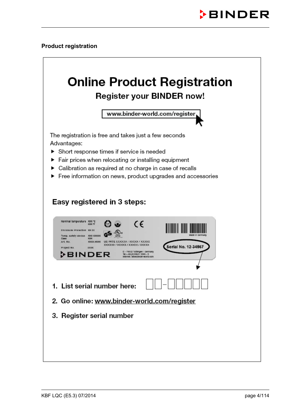 Product registration | BINDER KBF LQC 240 User Manual | Page 4 / 115