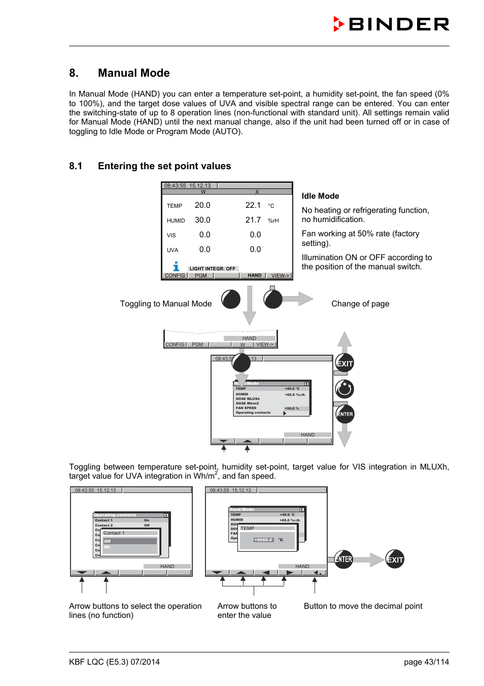 Manual mode, 1 entering the set point values | BINDER KBF LQC 240 User Manual | Page 43 / 115