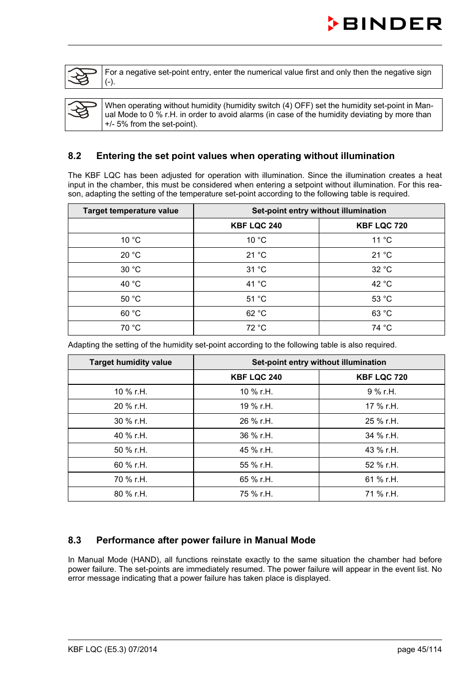 3 performance after power failure in manual mode | BINDER KBF LQC 240 User Manual | Page 45 / 115