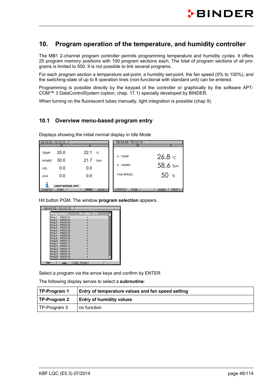 1 overview menu-based program entry | BINDER KBF LQC 240 User Manual | Page 48 / 115
