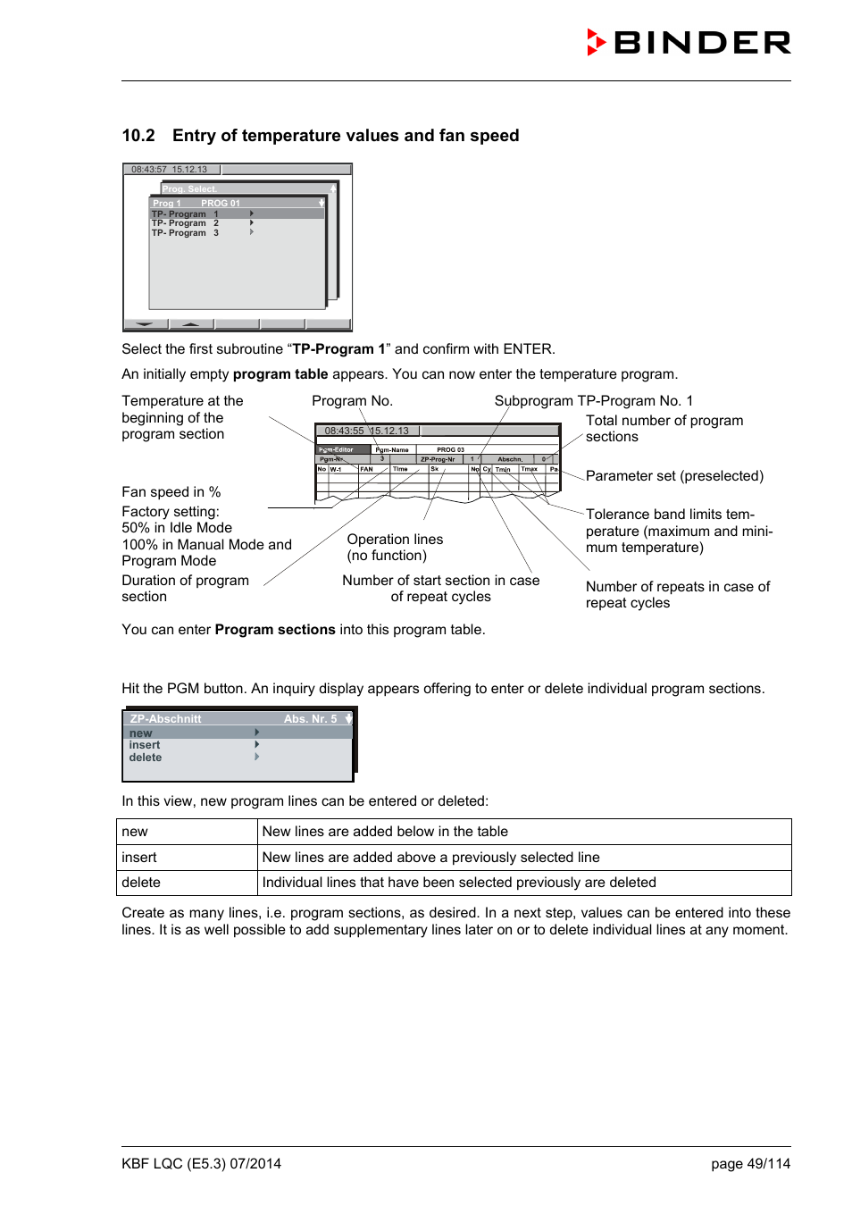 2 entry of temperature values and fan speed | BINDER KBF LQC 240 User Manual | Page 49 / 115