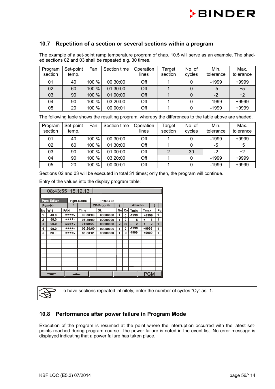 8 performance after power failure in program mode | BINDER KBF LQC 240 User Manual | Page 56 / 115