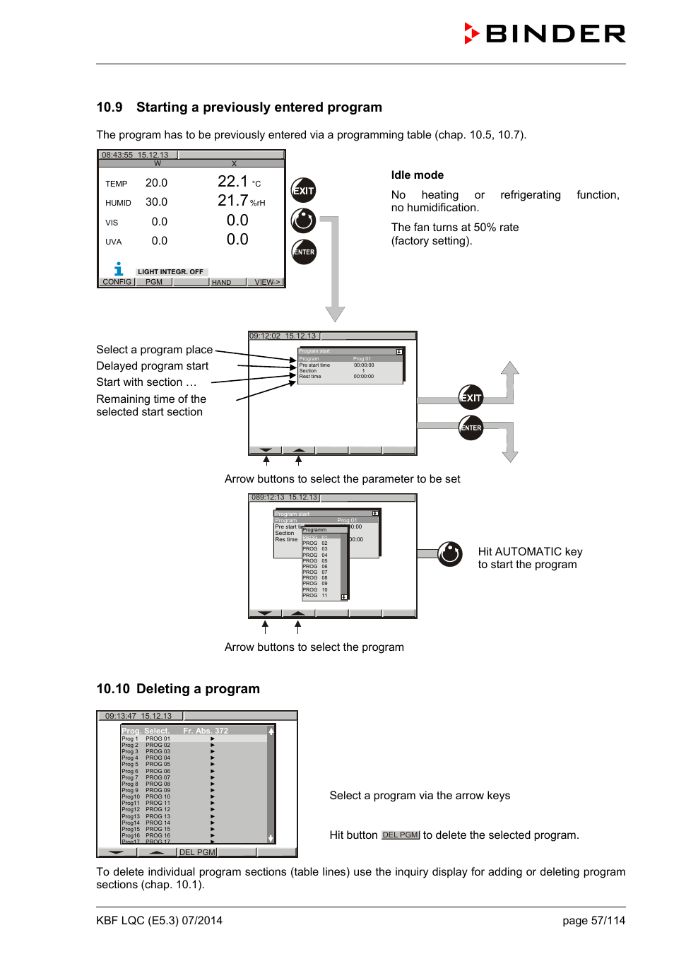 9 starting a previously entered program, 10 deleting a program | BINDER KBF LQC 240 User Manual | Page 57 / 115