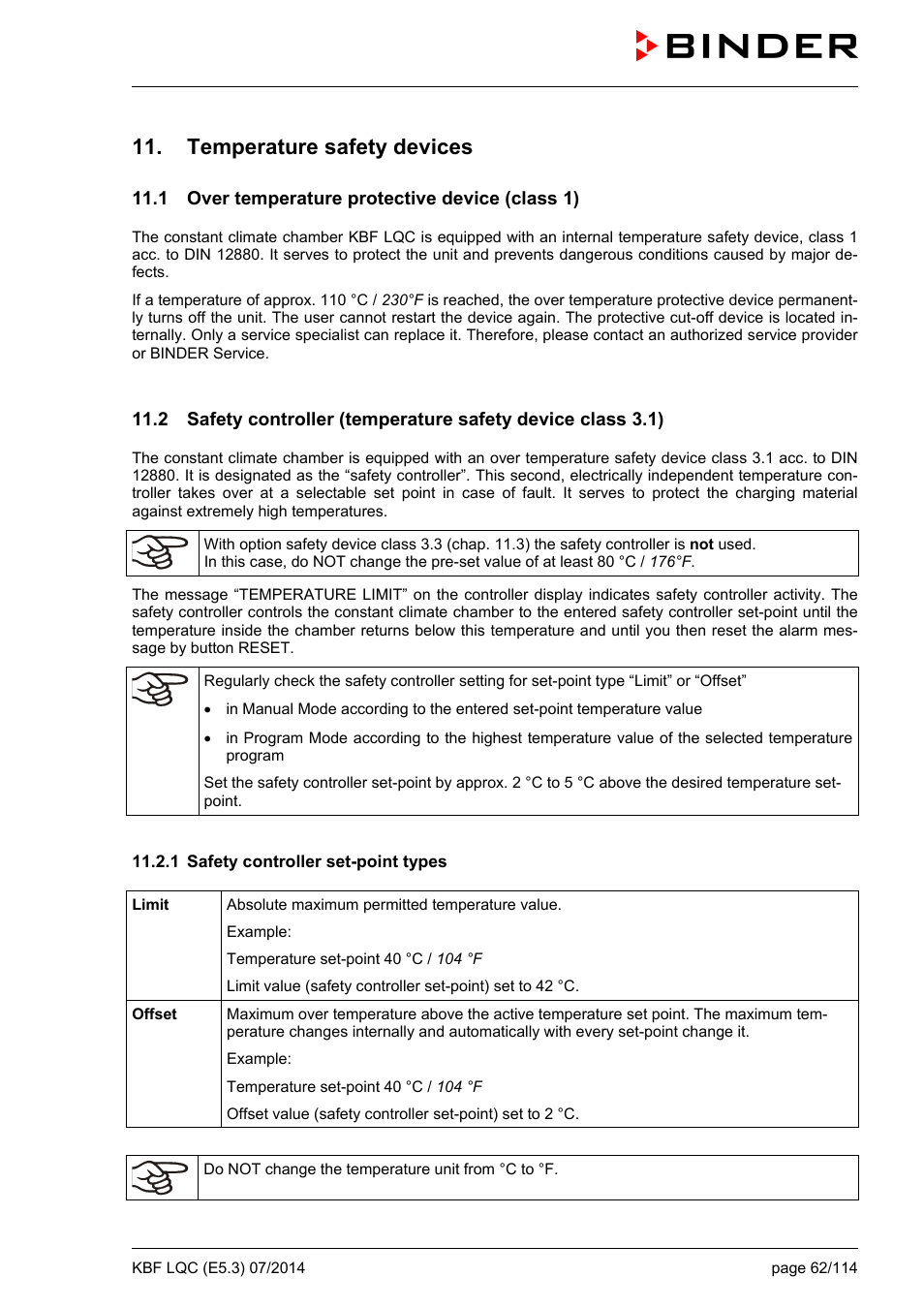 Temperature safety devices, 1 over temperature protective device (class 1), 1 safety controller set-point types | BINDER KBF LQC 240 User Manual | Page 62 / 115