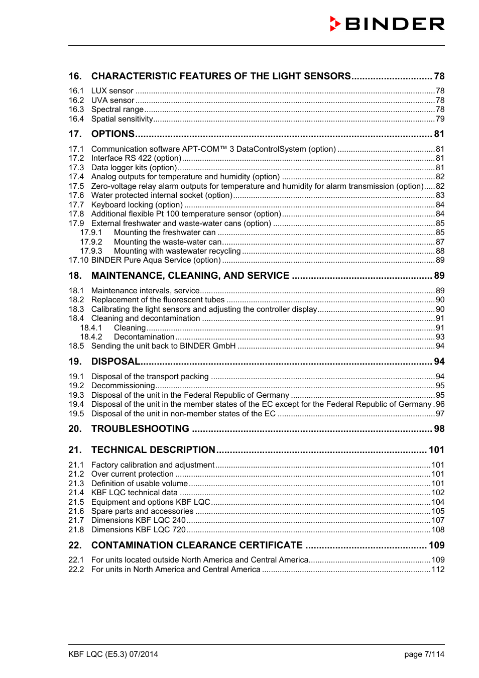 BINDER KBF LQC 240 User Manual | Page 7 / 115