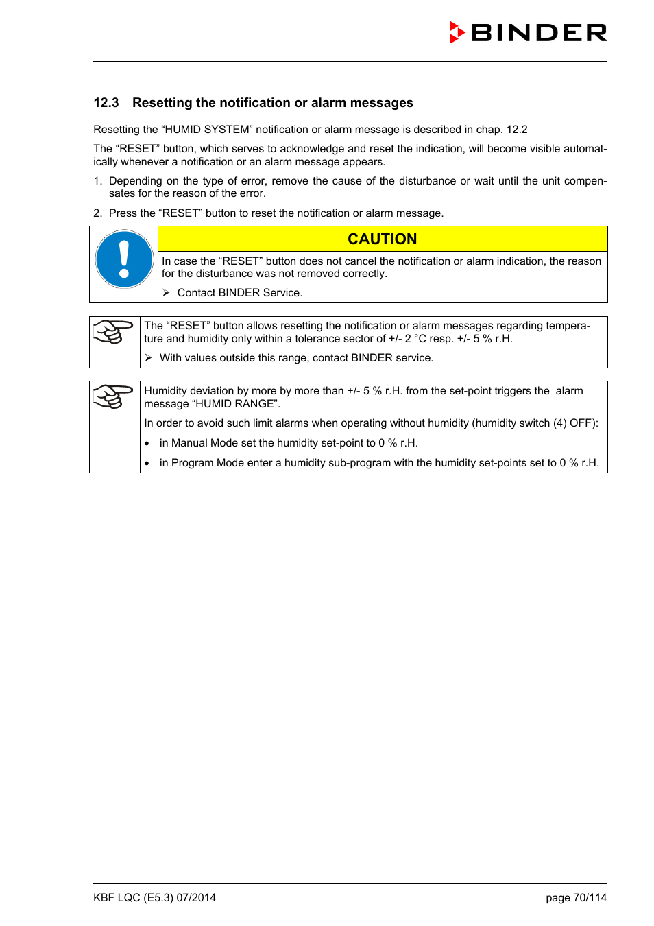 3 resetting the notification or alarm messages, Caution | BINDER KBF LQC 240 User Manual | Page 70 / 115