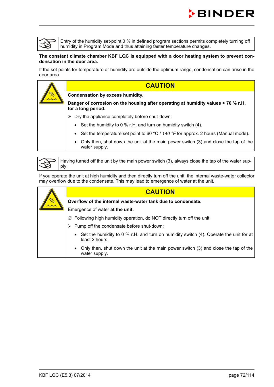 Caution | BINDER KBF LQC 240 User Manual | Page 72 / 115