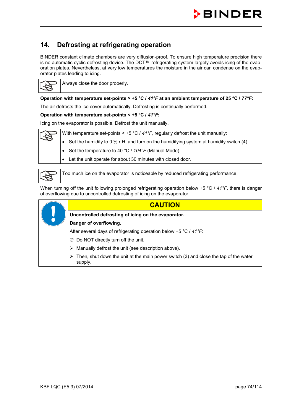 Defrosting at refrigerating operation, Caution | BINDER KBF LQC 240 User Manual | Page 74 / 115