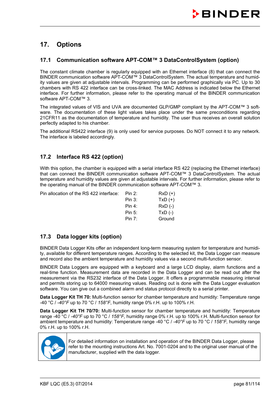 Options, 2 interface rs 422 (option), 3 data logger kits (option) | BINDER KBF LQC 240 User Manual | Page 81 / 115