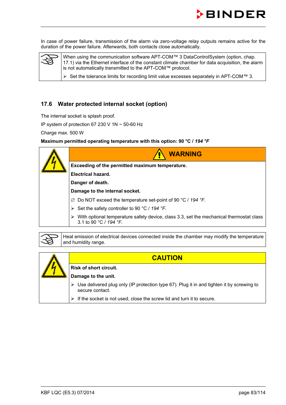 6 water protected internal socket (option), Warning, Caution | BINDER KBF LQC 240 User Manual | Page 83 / 115