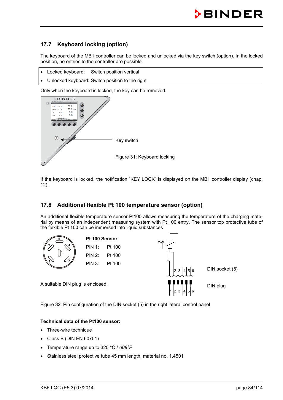 7 keyboard locking (option) | BINDER KBF LQC 240 User Manual | Page 84 / 115