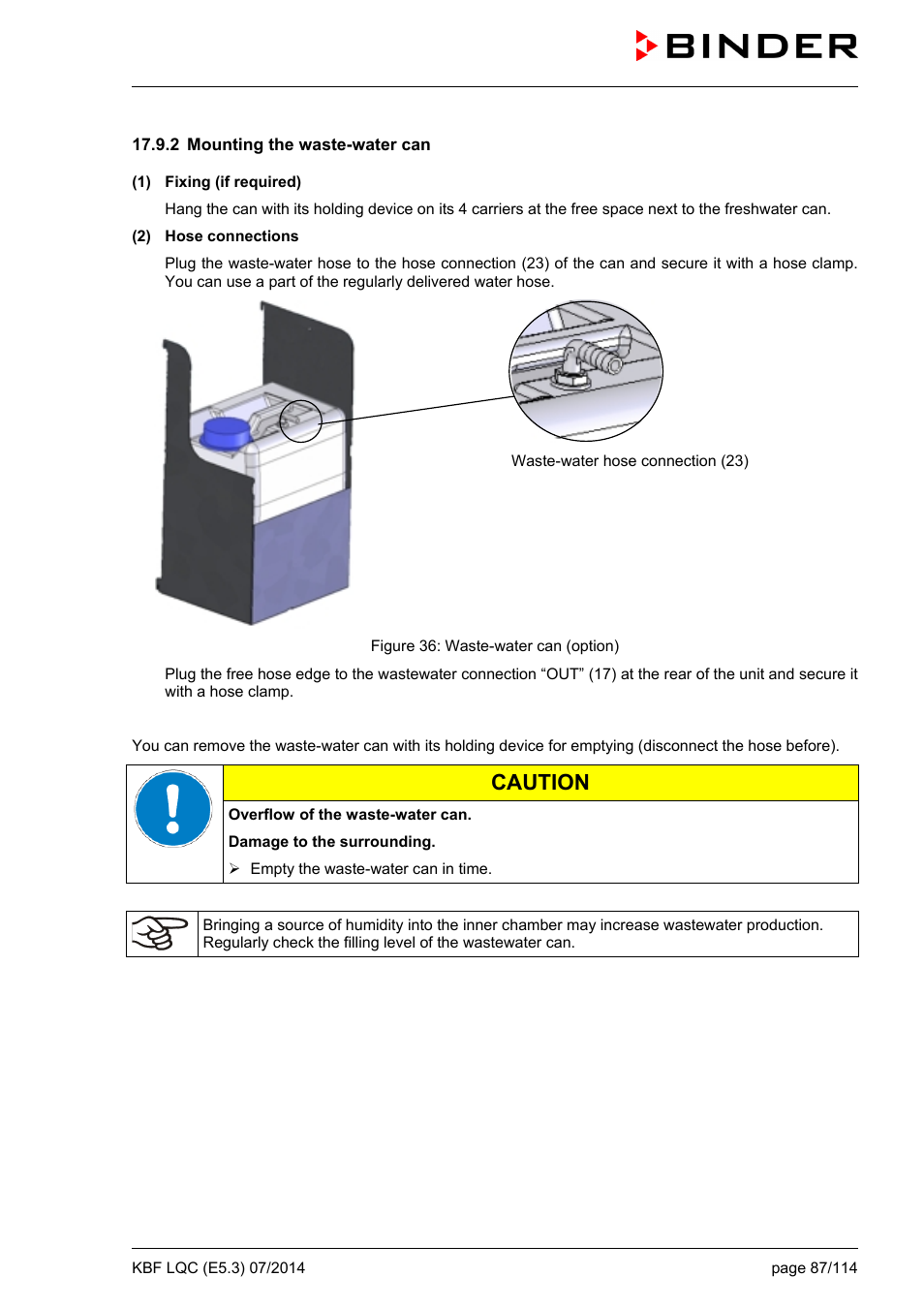 2 mounting the waste-water can, Caution | BINDER KBF LQC 240 User Manual | Page 87 / 115