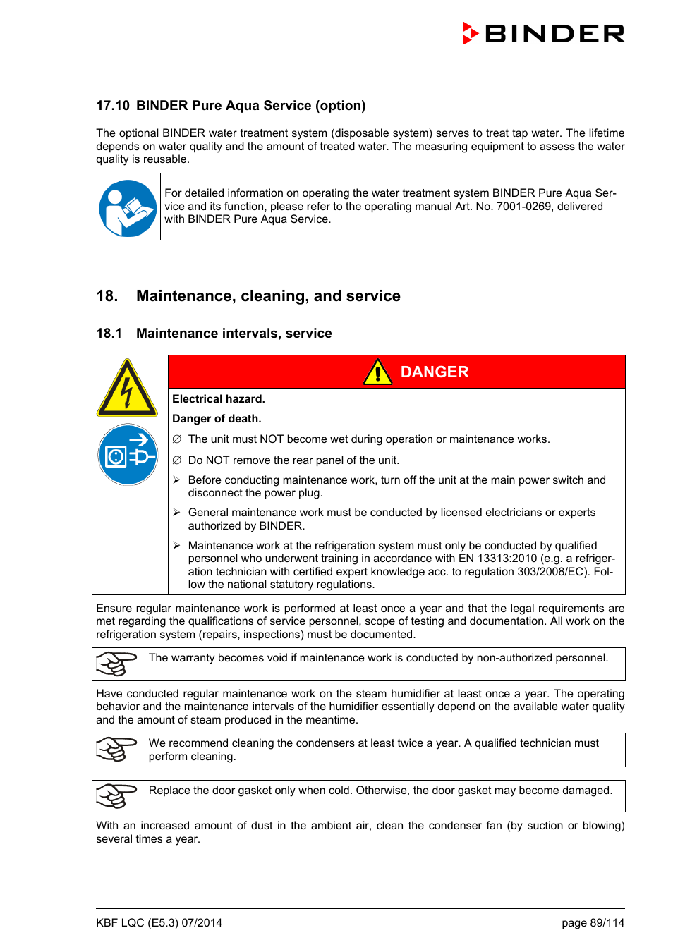 10 binder pure aqua service (option), Maintenance, cleaning, and service, 1 maintenance intervals, service | Danger | BINDER KBF LQC 240 User Manual | Page 89 / 115