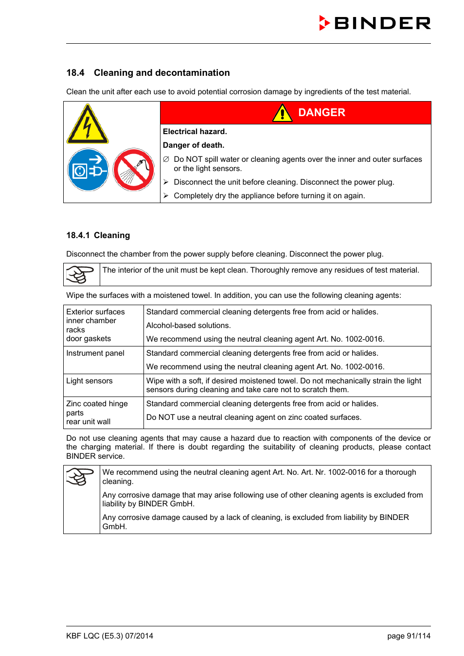 4 cleaning and decontamination, 1 cleaning, Danger | BINDER KBF LQC 240 User Manual | Page 91 / 115