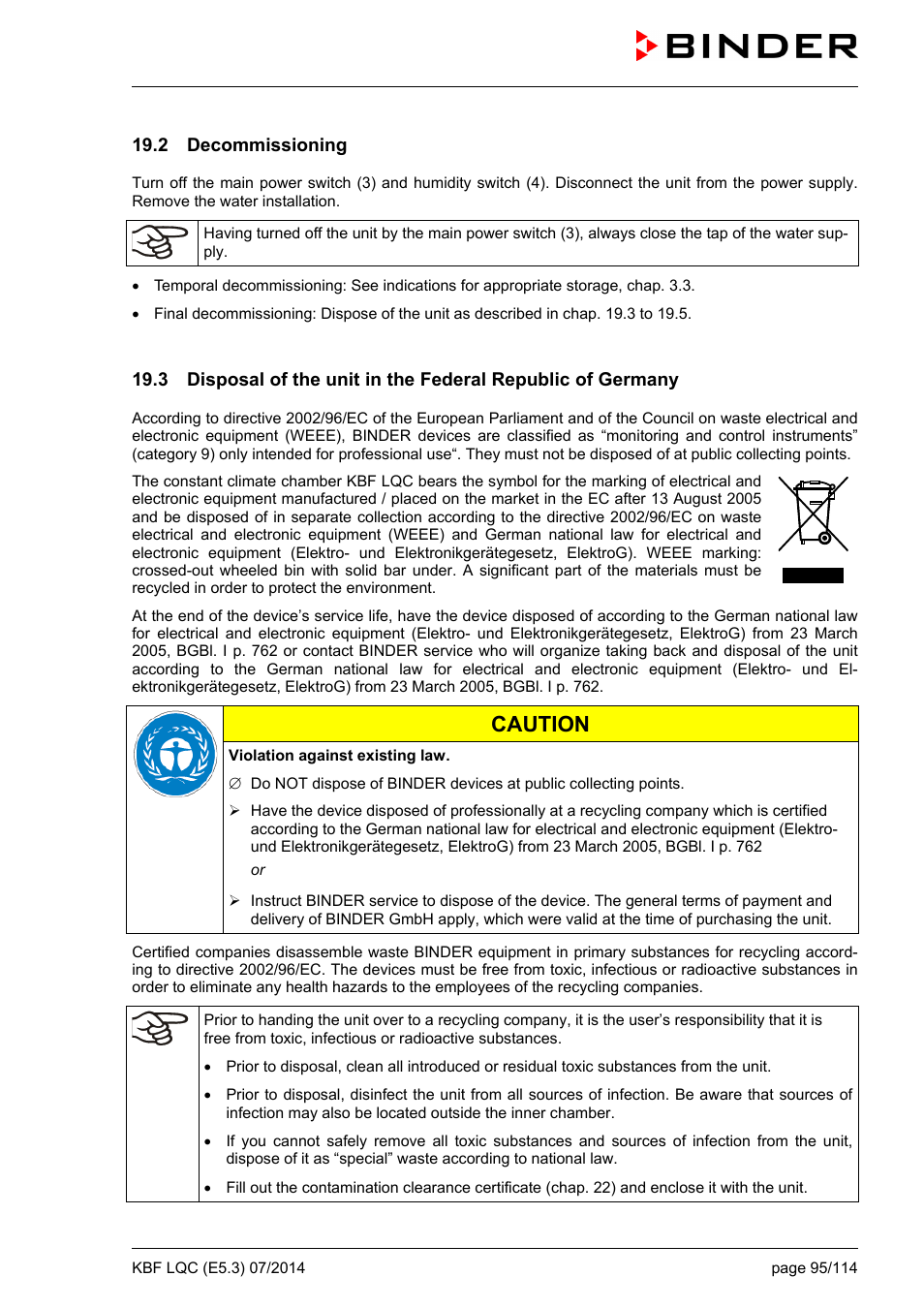 2 decommissioning, Caution | BINDER KBF LQC 240 User Manual | Page 95 / 115