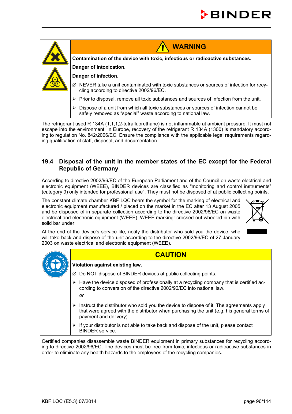 Warning, Caution | BINDER KBF LQC 240 User Manual | Page 96 / 115