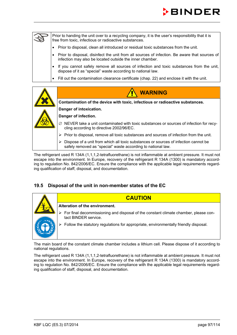 Warning, Caution | BINDER KBF LQC 240 User Manual | Page 97 / 115