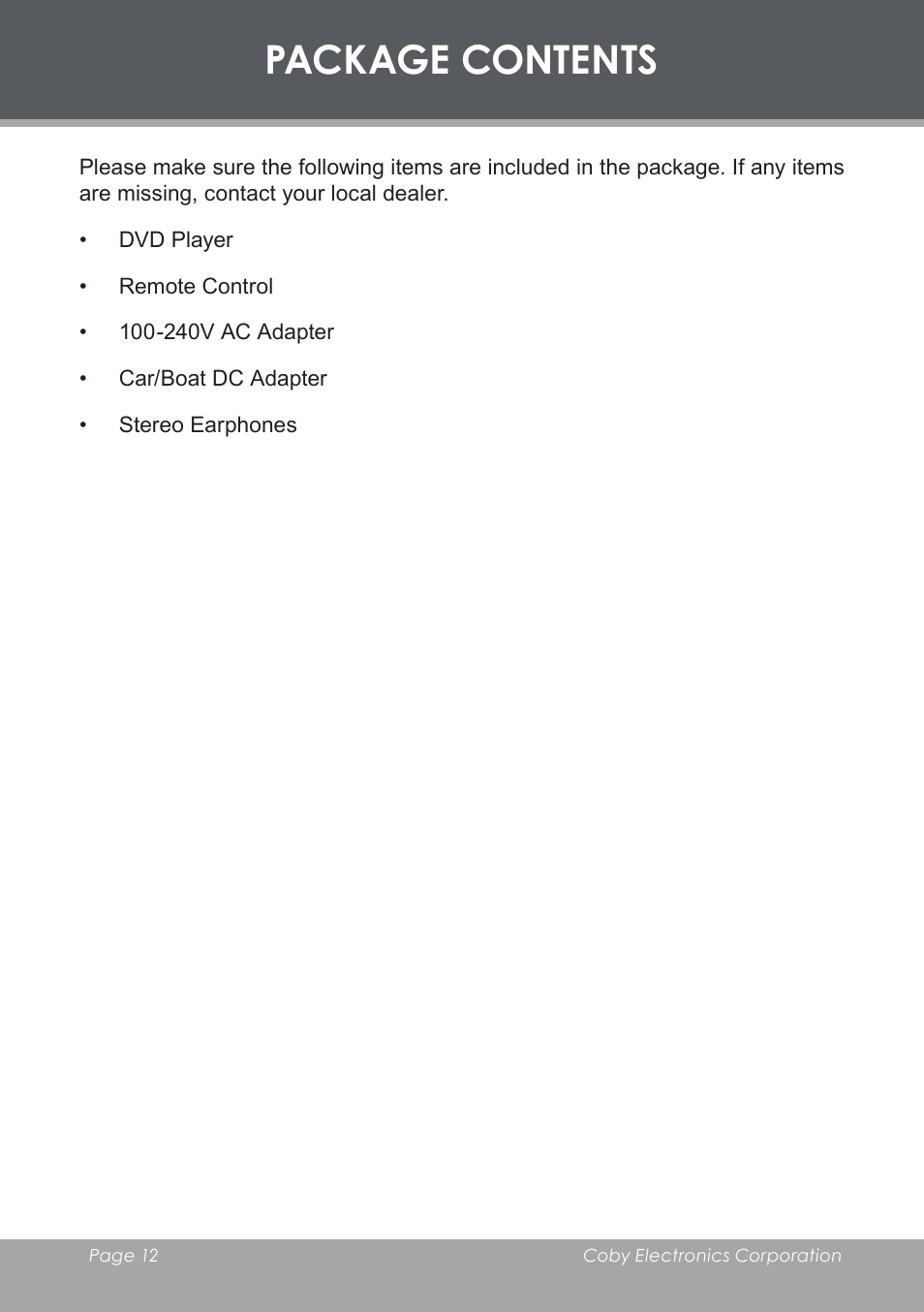 Package contents | COBY TF-DVD7006 User Manual | Page 12 / 40