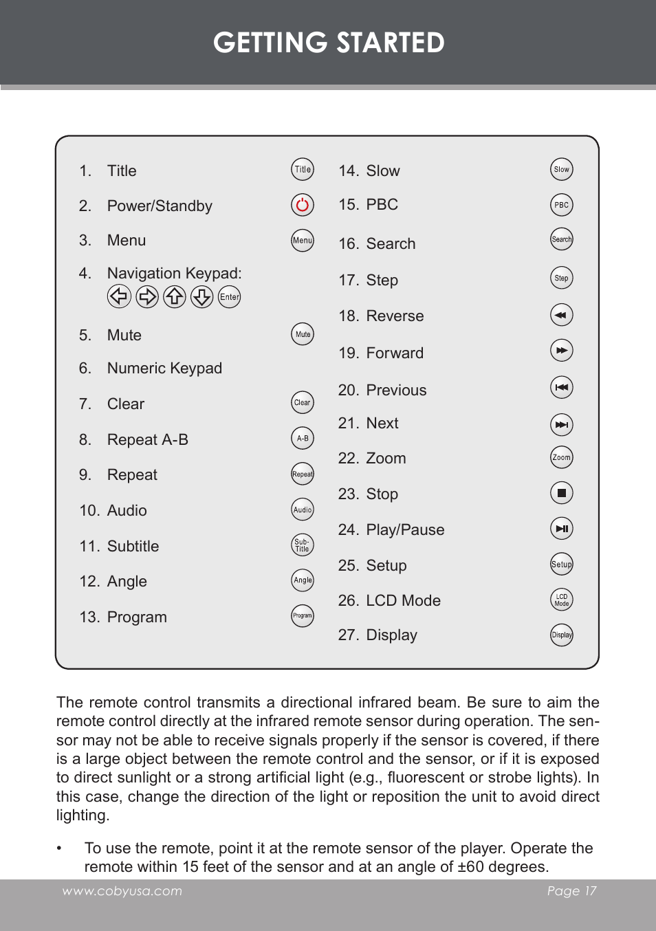 Getting started | COBY TF-DVD7006 User Manual | Page 17 / 40