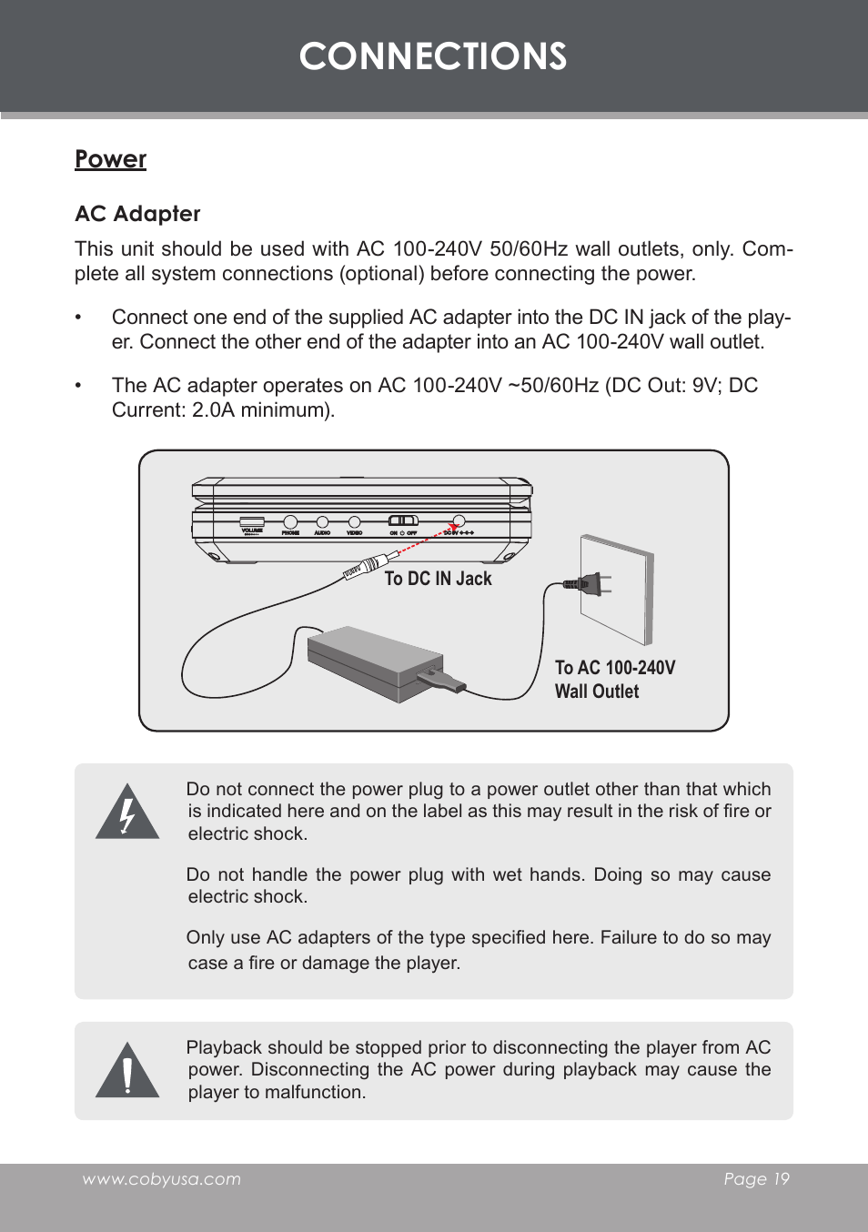 Connections, Power, Ac adapter | COBY TF-DVD7006 User Manual | Page 19 / 40