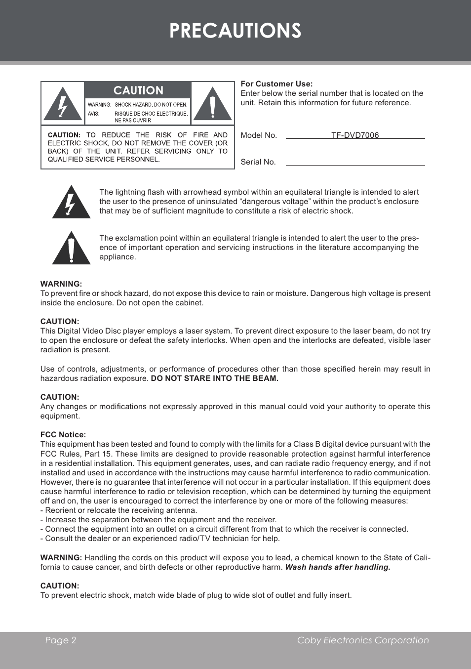 Precautions | COBY TF-DVD7006 User Manual | Page 2 / 40