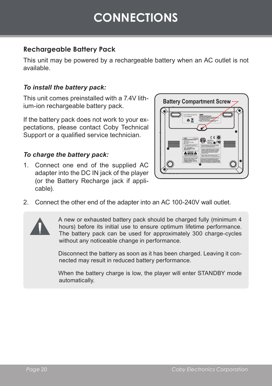 Rechargeable battery pack, Connections | COBY TF-DVD7006 User Manual | Page 20 / 40