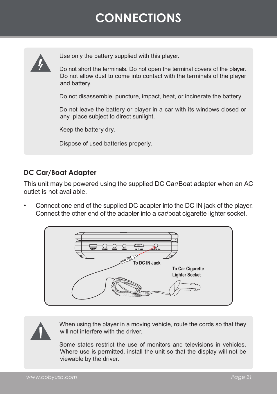 Dc car/boat adapter, Connections | COBY TF-DVD7006 User Manual | Page 21 / 40