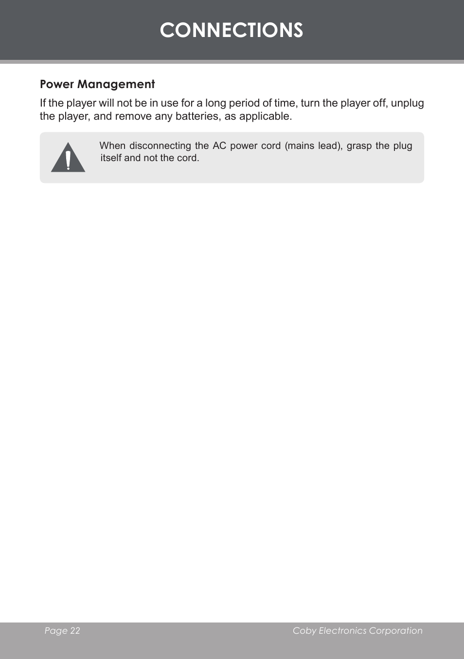 Power management, Connections | COBY TF-DVD7006 User Manual | Page 22 / 40