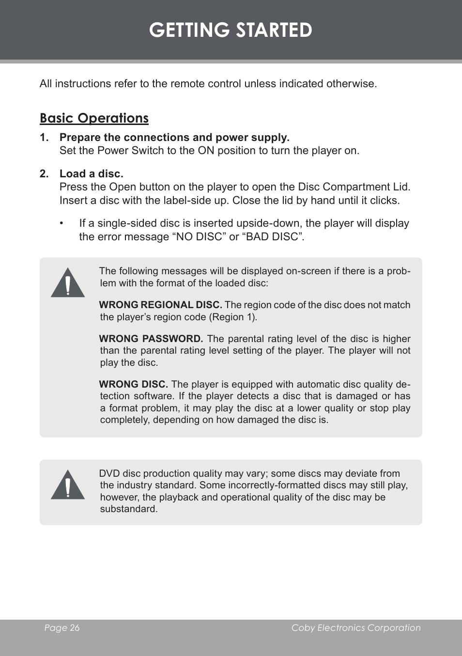 Getting started, Basic operations | COBY TF-DVD7006 User Manual | Page 26 / 40
