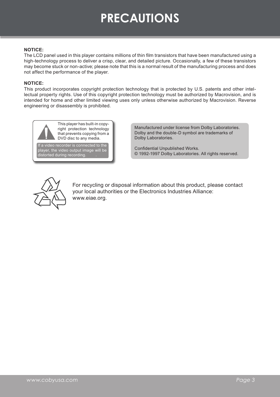 Precautions | COBY TF-DVD7006 User Manual | Page 3 / 40