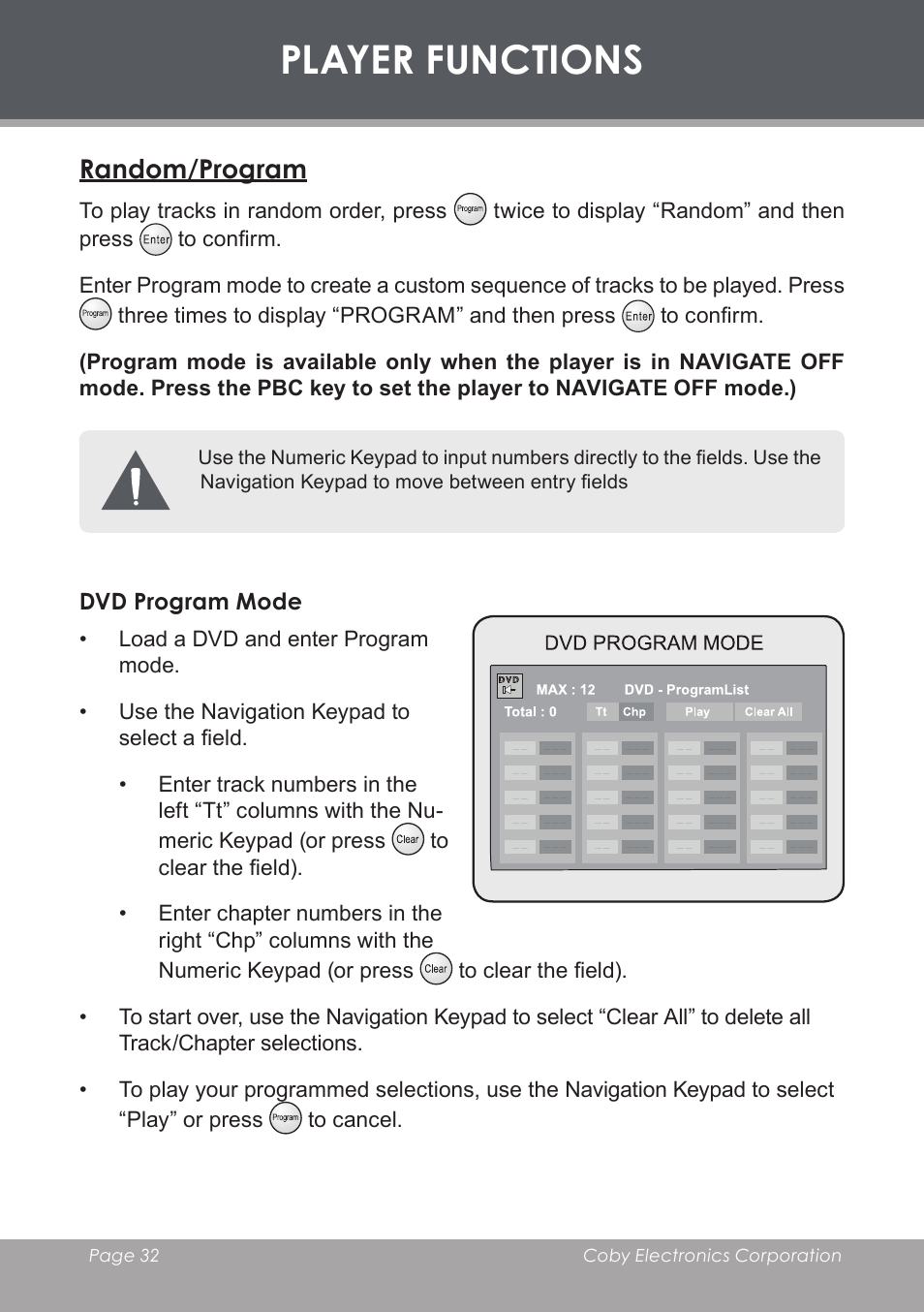 Random/program, Dvd program mode, Player functions | COBY TF-DVD7006 User Manual | Page 32 / 40