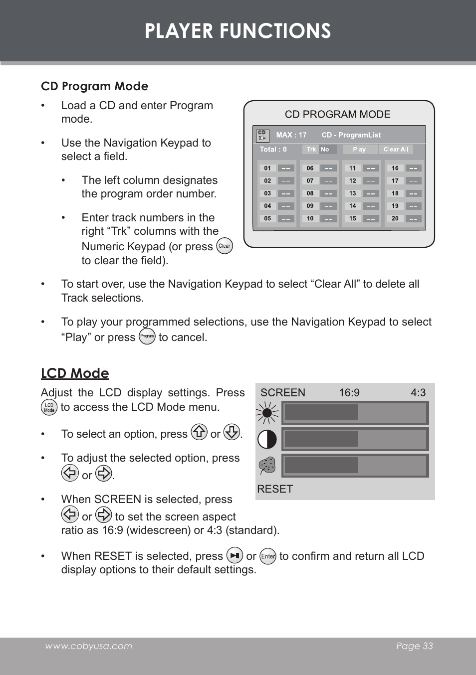 Cd program mode, Lcd mode, Player functions | COBY TF-DVD7006 User Manual | Page 33 / 40