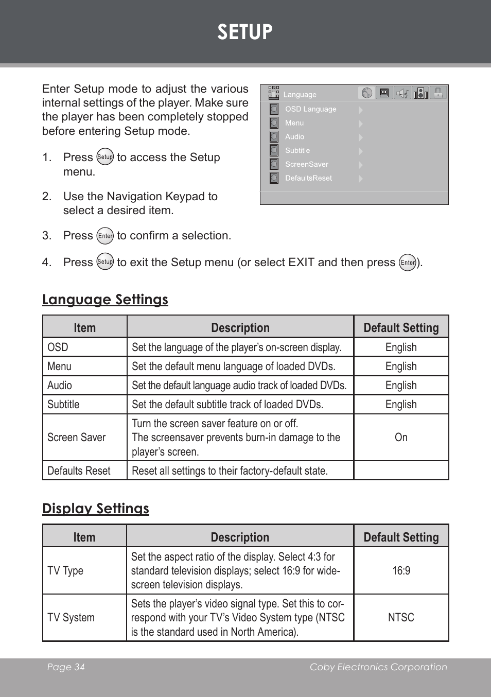 Setup, Language settings, Display settings | COBY TF-DVD7006 User Manual | Page 34 / 40