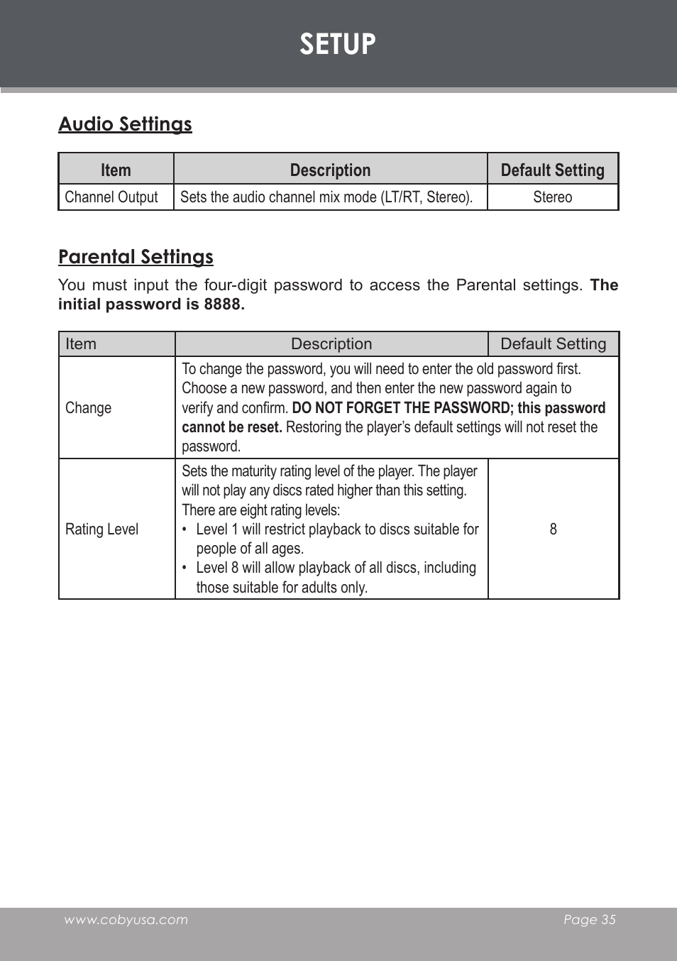 Audio settings, Parental settings, Setup | COBY TF-DVD7006 User Manual | Page 35 / 40