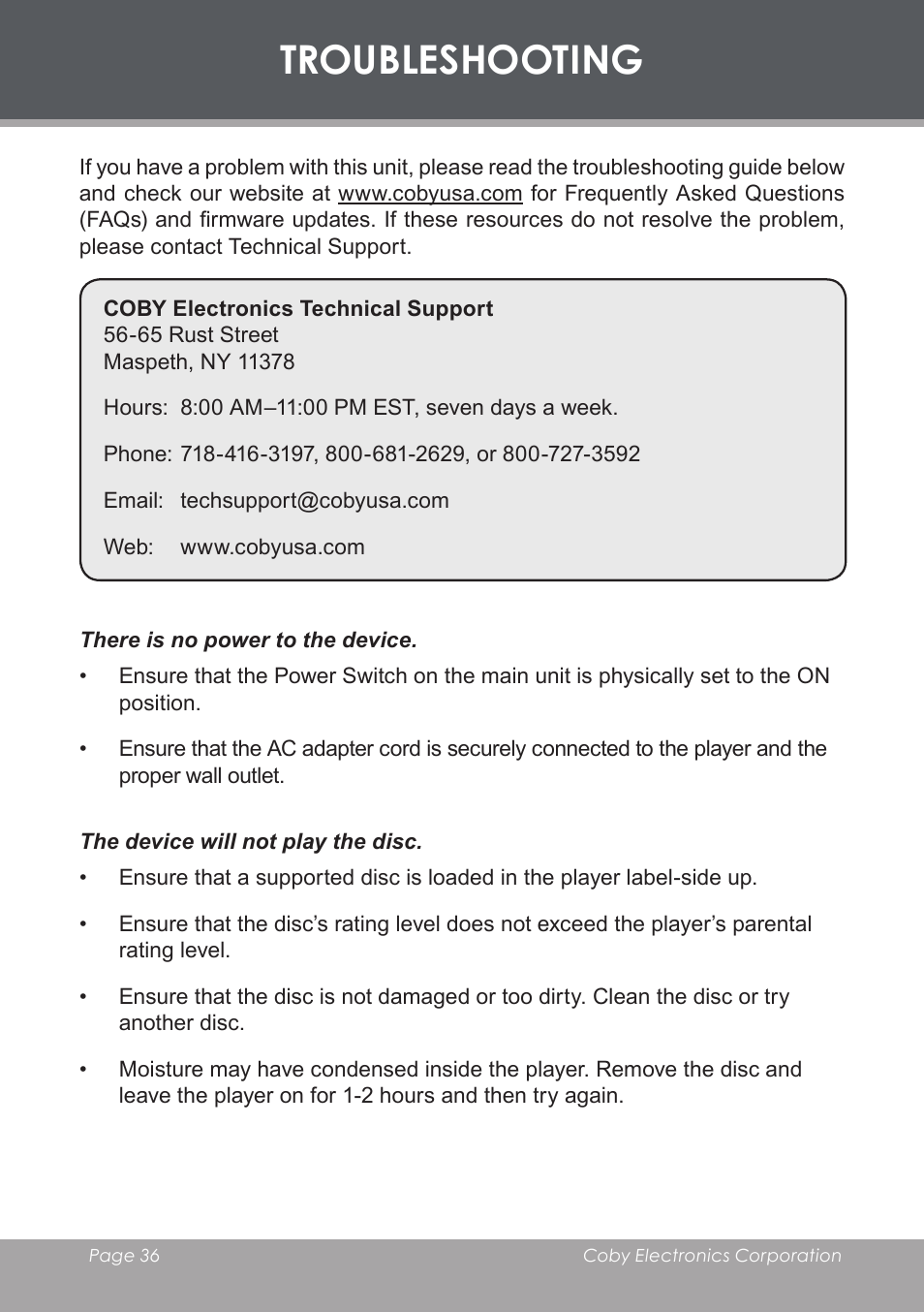 Troubleshooting | COBY TF-DVD7006 User Manual | Page 36 / 40