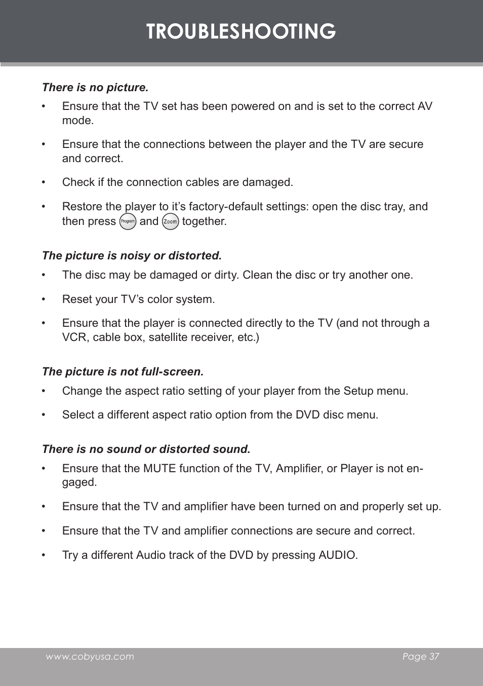 Troubleshooting | COBY TF-DVD7006 User Manual | Page 37 / 40
