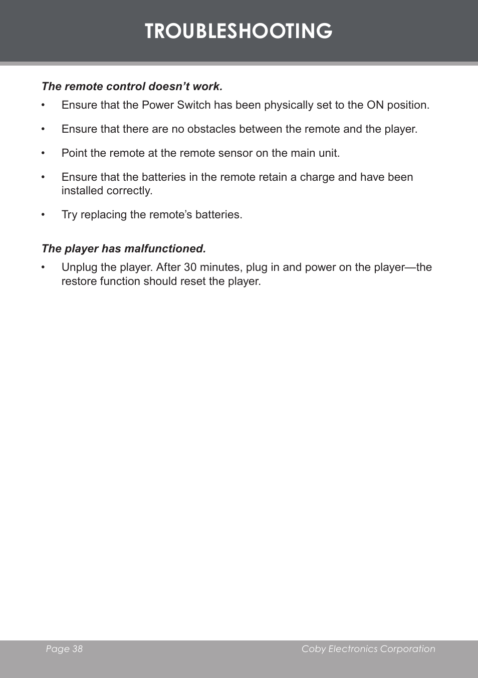 Troubleshooting | COBY TF-DVD7006 User Manual | Page 38 / 40