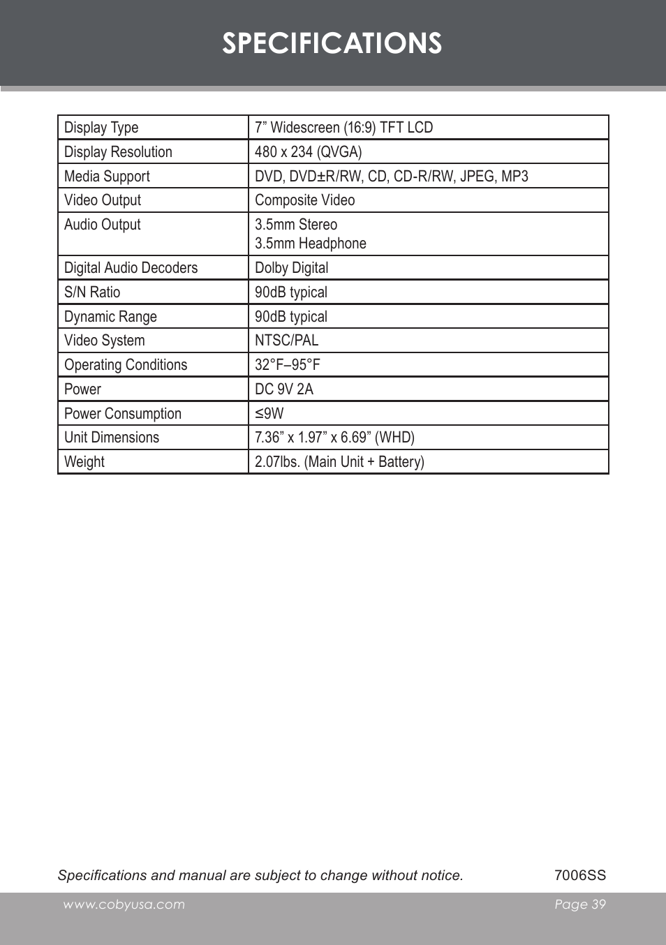 Specifications | COBY TF-DVD7006 User Manual | Page 39 / 40