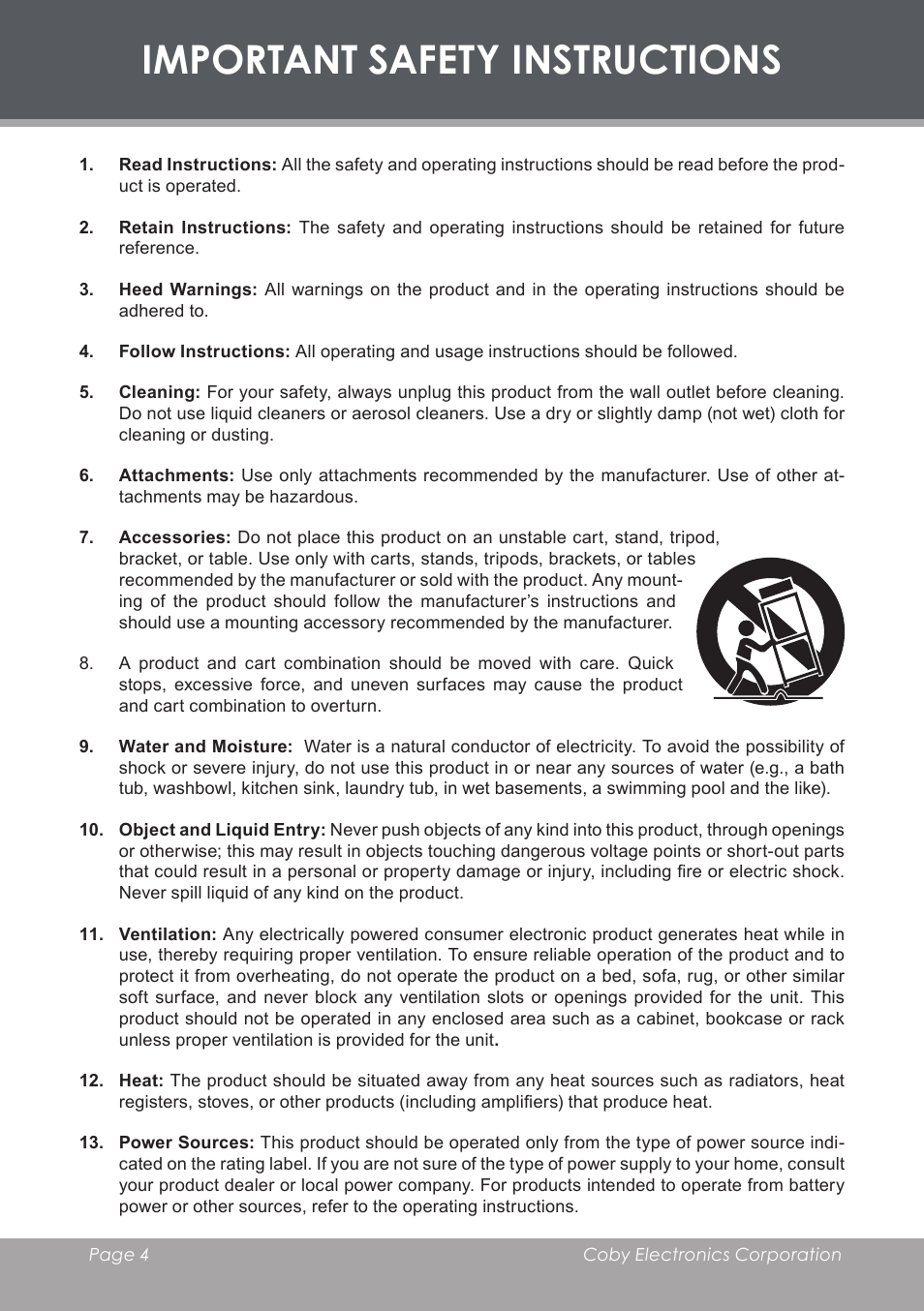 Important safety instructions | COBY TF-DVD7006 User Manual | Page 4 / 40