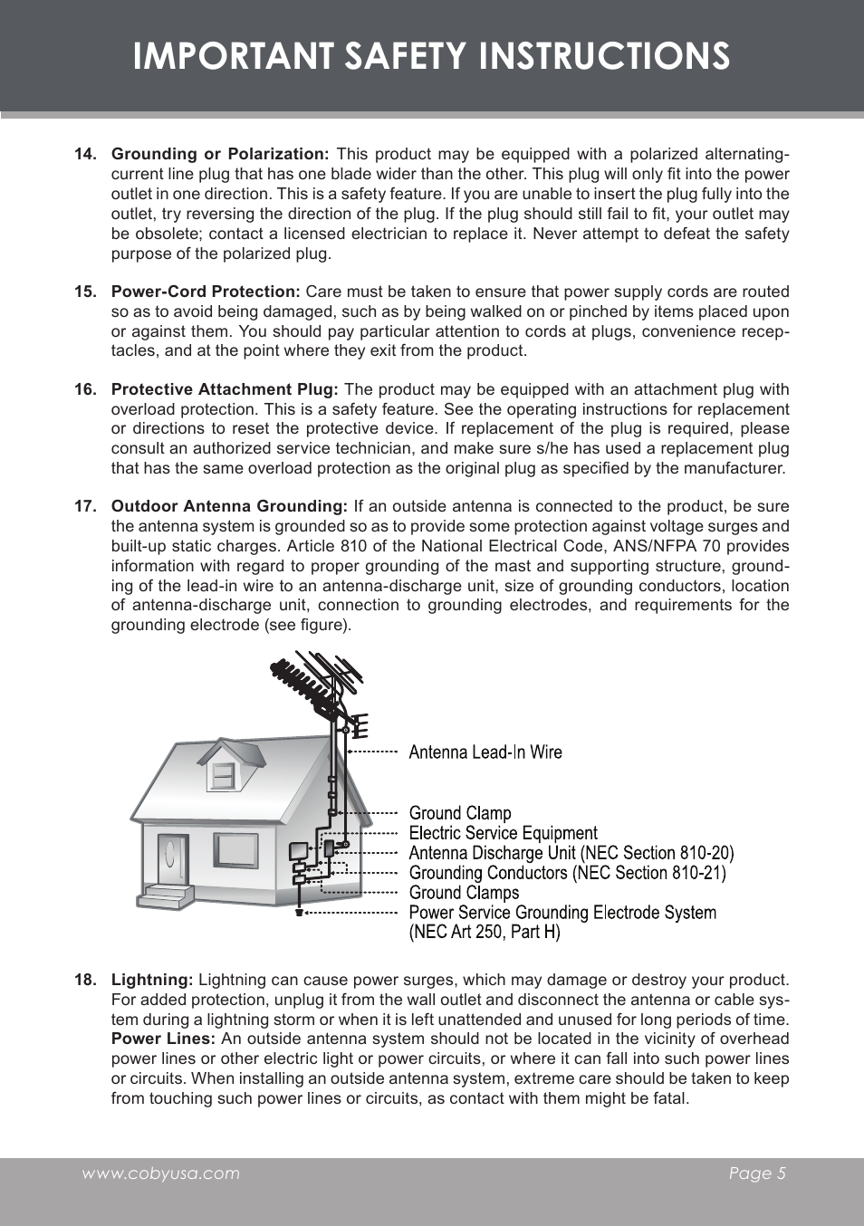 Important safety instructions | COBY TF-DVD7006 User Manual | Page 5 / 40