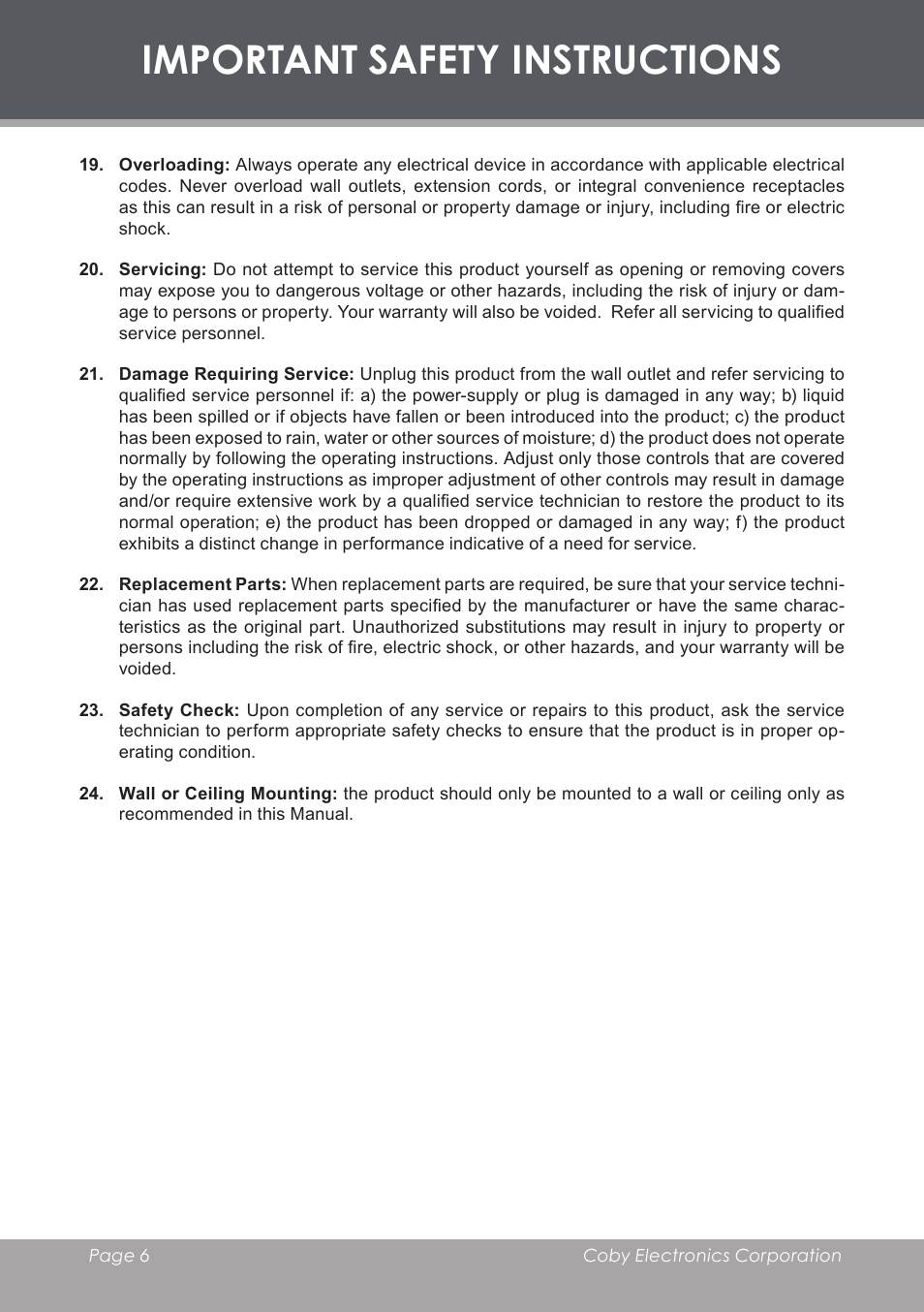 Important safety instructions | COBY TF-DVD7006 User Manual | Page 6 / 40