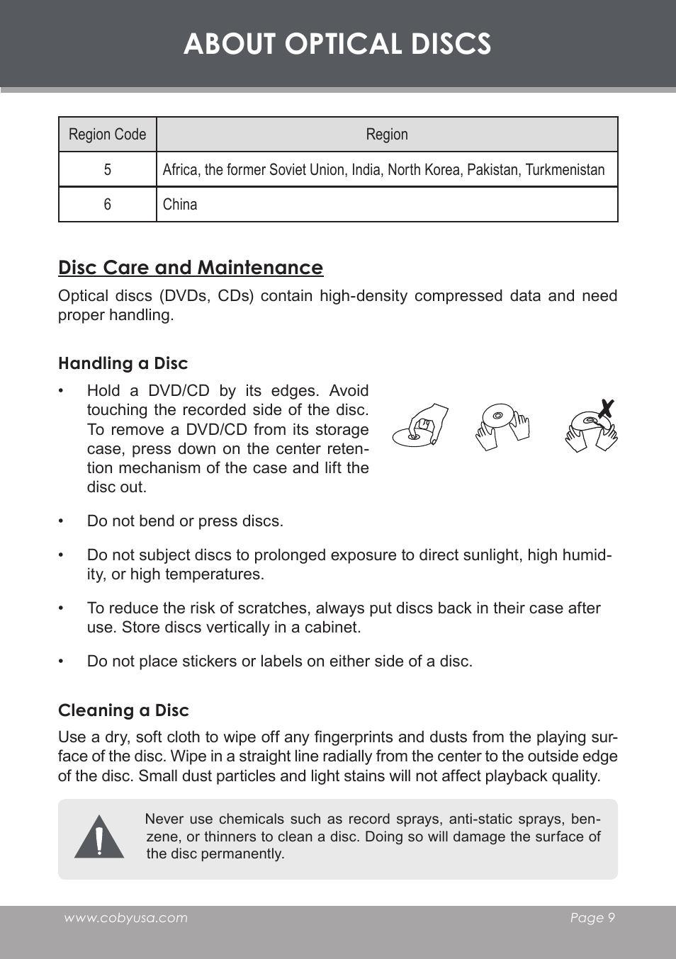 Disc care and maintenance, About optical discs | COBY TF-DVD7006 User Manual | Page 9 / 40