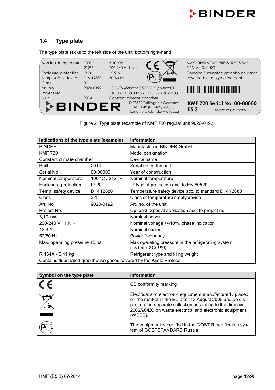 4 type plate | BINDER KMF 115 User Manual | Page 12 / 99