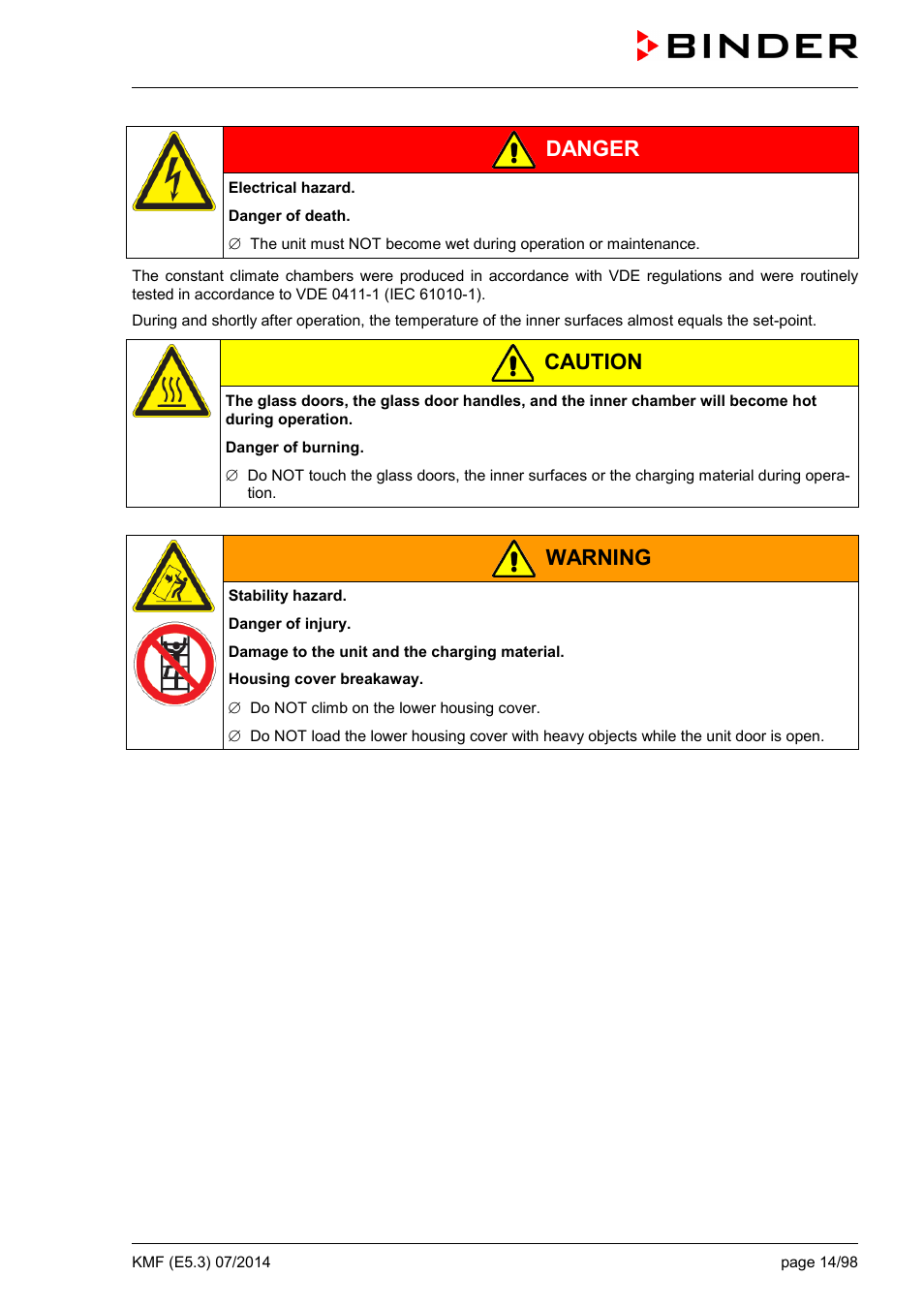 Danger, Caution, Warning | BINDER KMF 115 User Manual | Page 14 / 99