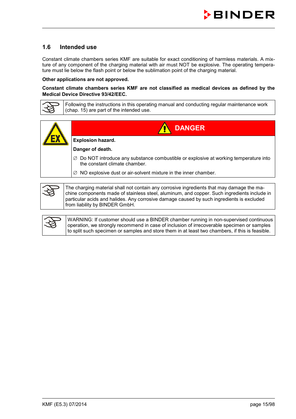 6 intended use, Danger | BINDER KMF 115 User Manual | Page 15 / 99