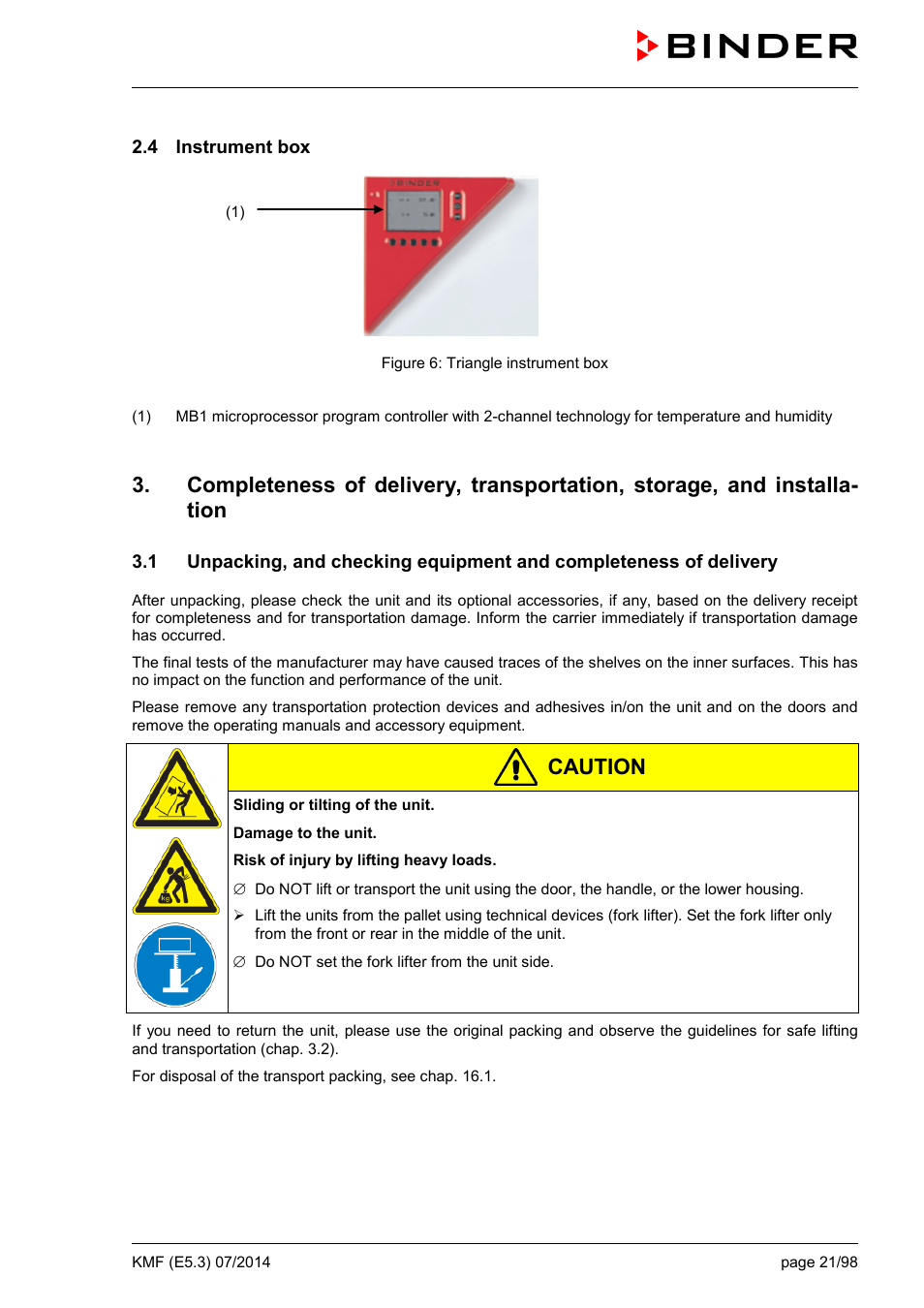 4 instrument box, Caution | BINDER KMF 115 User Manual | Page 21 / 99