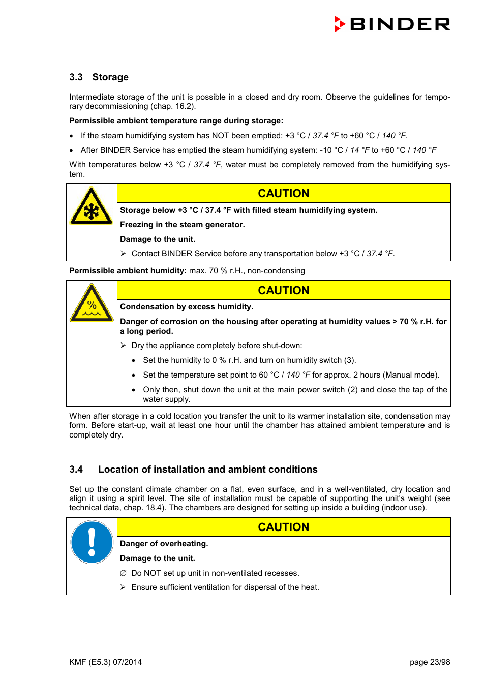 3 storage, 4 location of installation and ambient conditions, Caution | BINDER KMF 115 User Manual | Page 23 / 99