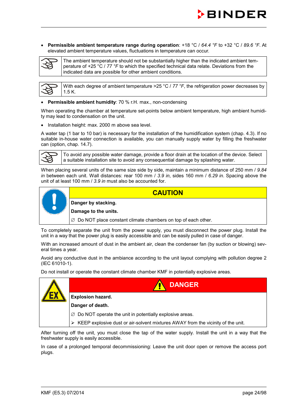 Caution, Danger | BINDER KMF 115 User Manual | Page 24 / 99